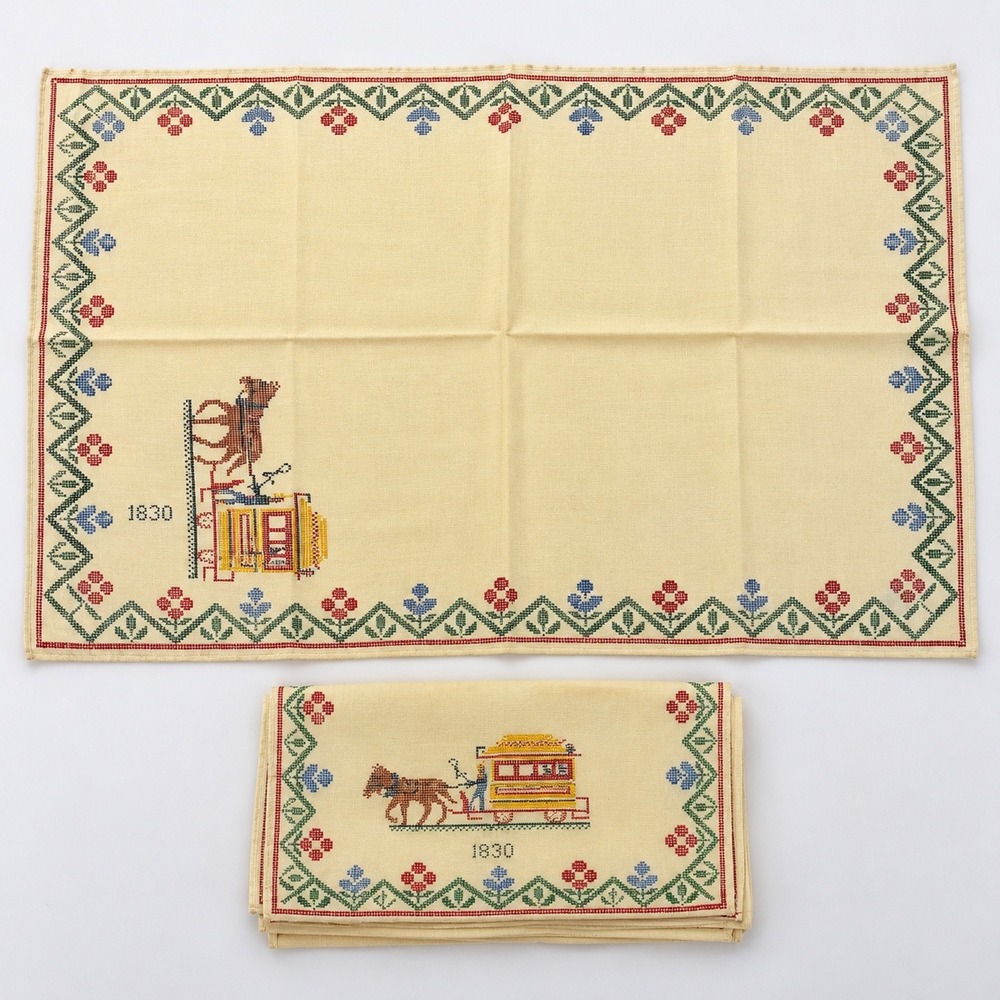 Vintage Cross Stitch Placemats Set 1898 Horse Drawn Carriage Cream Floral Border